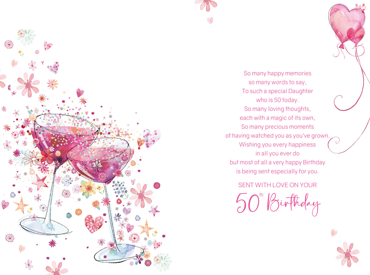 Daughter 50th Pink Blossom Birthday Card, Personalised Daughter Fifty Card, Daughter Is 50 Card, Floral Daughter Card, Daughter Birthday
